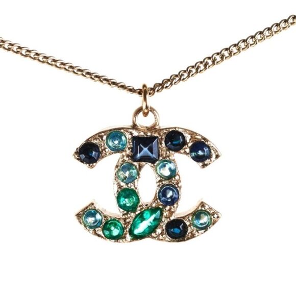 Chanel Emerald and Green CC Gold Necklace, Coco Marked - Picture 1 of 9